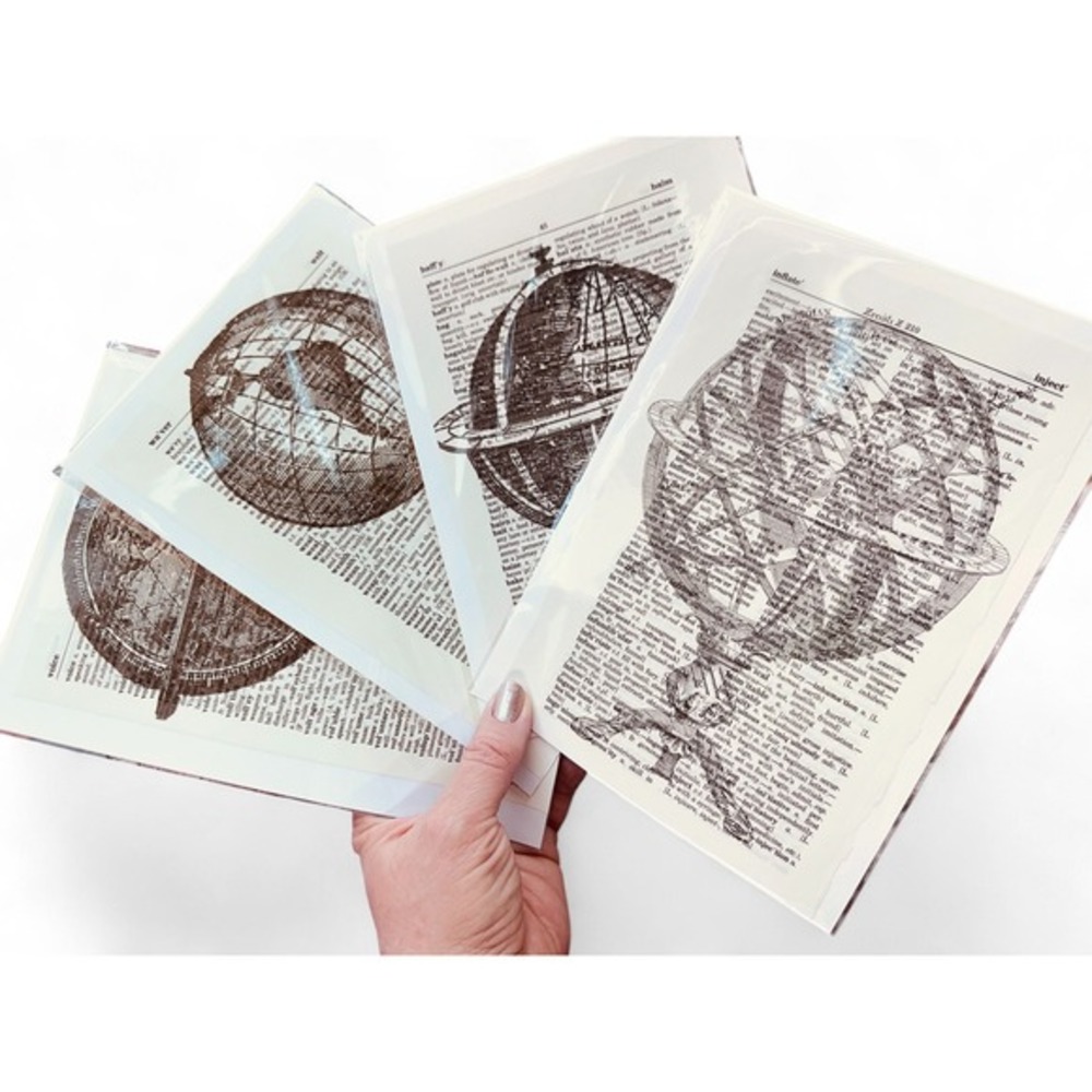 Vintage World Globe Theme Upcycled Dictionary Art Prints Set 4 Mini Posters OOAK